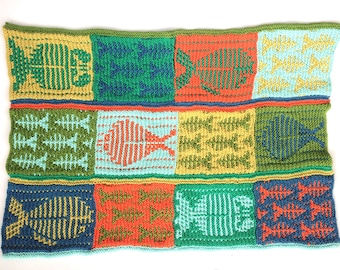 Baby Blanket Knit Kit , Knitting kit for "If Fishes were Wishes" Children's bath mat , Knitters gift , craft diy , mosaic slip stitch , fish