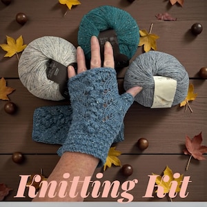 May include: A close-up of a blue knitted fingerless glove with an openwork design. Three balls of yarn in teal and grey shades are arranged around the glove. The words "Knitting Kit" are at the bottom of the image. Autumn leaves and conkers complete the scene.