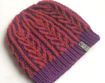 Purple Red knitted hat , wool alpaca hand knit beanie,  winter woolen cosy knit , outdoors gift for her , reversible knit, ladies accessory