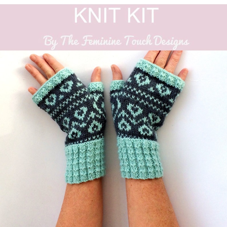 Fingerless mittens Knitting Kit , Valentine gift heart diy craft kit , fairisle stranded knitted gloves , diy knit gift for her , UK image 1