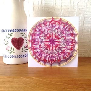 Mothers day greeting card with envelopes , lots of hearts knitted mandala , hand knit textile print , original UK design , blank inside