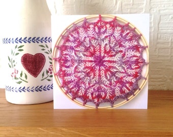 Mothers day greeting card with envelopes , lots of hearts knitted mandala , hand knit textile print , original UK design , blank inside