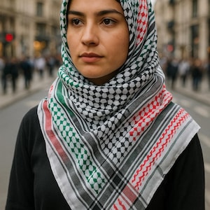 Palestinian Keffiyeh Scarf – Black, Green, Red & White Kufiya | Solidarity Shemagh | Free Palestine Shawl | Unisex Ethical Gift