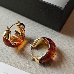 Handmade Amber Resin Hoop Earrings, Gold Plated Copper, Retro Vintage Style