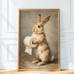 Impresión de Pascua de conejo vintage con papel higiénico - Arte de pared para baño - Decoración cottagecore - Arte vintage para guardería - Decoración imprimible de primavera