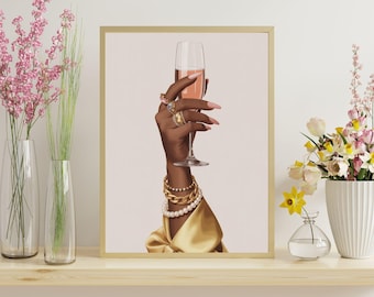 Black Woman Holding Elegant Wine Glass Art - Black Woman Wall Art - Trendy Black Girl Wall Art - Black Poster - Elegant Decor -Black Artwork