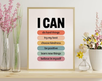 Words of Affirmations Poster - I Can Do Hard Things - Positive Affirmations Print - Daily Affirmations for Kids Wall Art - Playroom Decor