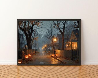 Vintage Fall Wall Art - Moody Halloween Wall Art - Misty Town Eerie Fall Landscape - Landscape Painting - Halloween Decor - Digital Download