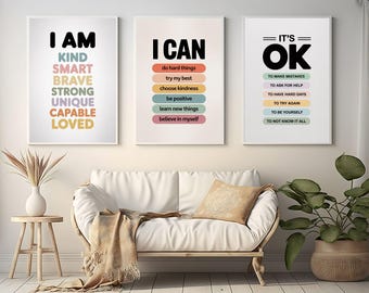 Words of Affirmations Set of 3 Prints - I Can Do Hard Things - Positive Affirmations - Daily Affirmations for Kids Wall Art - Playroom Decor