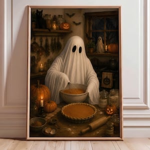 May include: A framed wall art print depicting a white ghost in a kitchen mixing ingredients in a bowl. The scene includes pumpkins, a baked pie, a rolling pin, glass jars labeled sugar and flour, a black cat, and candles on a wooden table.