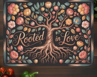 May include: Rectangular decorative art piece featuring a stylized tree with roots and branches, adorned with colorful flowers in shades of pink, yellow, and blue. The words "Rooted in Love" are scripted across the center against a dark background.