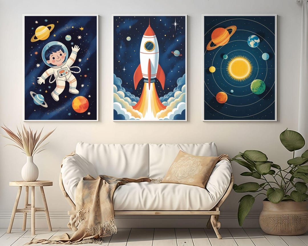 Astronaut & Rocket Nursery Prints – Space Galaxy Art, Set of 3 (digital ...