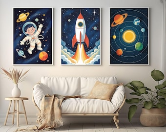 Astronaut & Rocket Nursery Prints – Space Galaxy Art, Set of 3 (Digital Art)