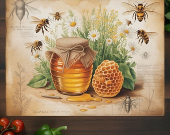 Op de afbeelding: Vintage-stijl illustratie met een pot gouden honing met een jute deksel, omringd door bijen, madeliefjes en een honingraat. De afbeelding bevat botanische tekeningen en een honingvlek. De achtergrond is lichtbruin.