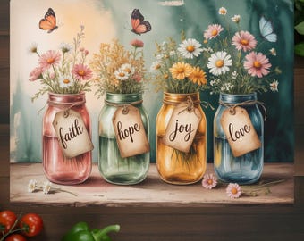Faith Love Hope Joy Floral Cutting Board PNG - Rustic Jars Chopping Board PNG - Daisy Floral Style - Kitchen Decor - Digital Download