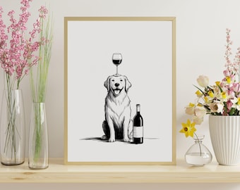 Arte de pared de Golden Retriever - Dibujo de Golden Retriever - Regalo para amantes de los perros - Impresión de Golden Retriever - Arte de pared de Retriever - Perro y vino