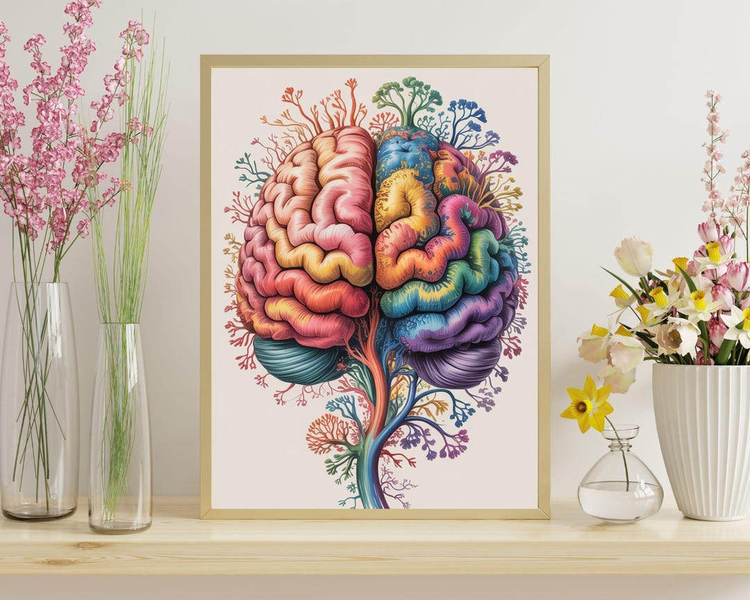 Brain Art Print - Brain With Flowers Wall Art - Mental Health Print ...