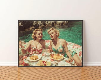 Impression de femmes mangeant des pâtes - art mural vintage - art mural pique-nique rétro drôle - pique-nique de pâtes sur le lac - téléchargement numérique - décoration murale spaghetti