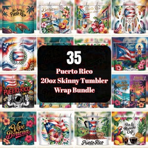 May include: A collection of 35 Puerto Rico-themed 20oz skinny tumbler wrap designs. The tumblers feature vibrant illustrations of the Puerto Rican flag, tropical scenes, and text such as "Vive Boricua" and "Puerto Rico".
