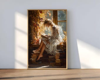 Impression d'art femme victorienne lisant : bibliothèque Dark Academia (téléchargement numérique)