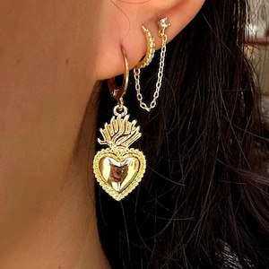 Gold Sacred Heart Dangle Earrings: Dainty Catholic Jewelry