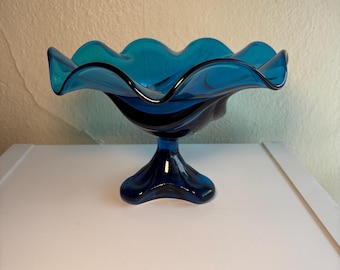 Vintage Blue Viking Glass Epic Drape Pedistal Bowl