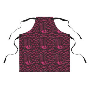 Pink and Black Country Boots Apron - Farmhouse Cooking Kitchen Art Baking Craft Mess, Gardening Cover, BBQ Grilling, Adjustable Neck Strap,