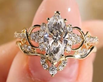 Zestaw pierścionków ślubnych z diamentami szlifu markiza 3 CT E VVS2, zestaw pierścionków zaręczynowych, zestaw obrączek ślubnych, zestaw pierścionków rocznicowych i zaręczynowych dla niej