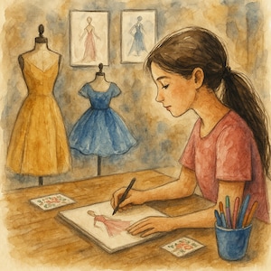 Op de afbeelding: Waterverfillustratie van een modeontwerper die een jurk schetst. Een vrouw met donker haar tekent op een blok, met paspoppen en ingelijste schetsen op de achtergrond. Het kleurenpalet bevat warme tinten geel, blauw en roze.