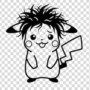 May include: A black and white line art graphic of a character with long, messy, spiky hair, pointed ears with dark tips, round cheeks, and a lightning bolt shaped tail. The character has a small mouth with a tongue sticking out and wide eyes.