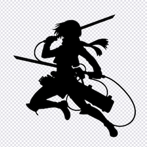 May include: A black silhouette sticker featuring a character in a dynamic leaping pose, equipped with dual swords, a scarf, and a complex harness system with cables and gear boxes attached to the legs and waist, rendered in a solid flat black color.