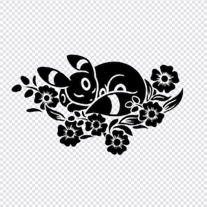 May include: A black silhouette graphic of a sleeping Umbreon character surrounded by a cluster of five-petaled flowers and leafy stems. The design features the creature curled up with its long ears and tail visible among the floral elements.
