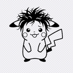 May include: A black and white line art graphic of a character with large ears, round cheeks, and a lightning bolt shaped tail. The character has messy, spiky hair on top of its head and is depicted with a tongue sticking out in a playful expression.