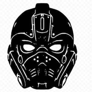 Puede incluir: Gráfico en blanco y negro de un casco o máscara futurista. El diseño presenta líneas y formas detalladas, incluyendo aberturas para los ojos, un respirador y varios elementos mecánicos, creando una estética de ciencia ficción.