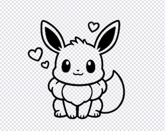 May include: A black and white line art illustration of a small, four-legged creature with large pointed ears, a fluffy neck ruff, and a bushy tail. The character has large round eyes and is surrounded by three small floating heart shapes.