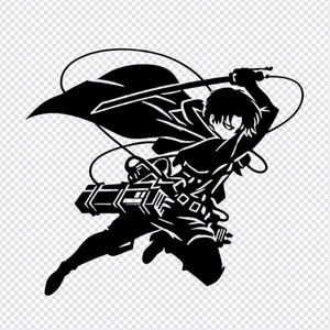May include: A black vinyl decal silhouette of an anime character in a dynamic mid-air pose. The figure wears a cape and gear, holding a sword aloft with one hand while suspended by thin lines, capturing a high-action scene in a stark graphic style.