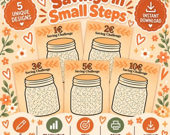 May include: A digital savings challenge set featuring five printable sheets with jar illustrations, each labeled with 1€, 2€, 3€, 5€, or 10€ denominations. The design includes orange floral accents, heart patterns, and text reading Savings in Small Steps, Instant Download, and Track Your Progress.