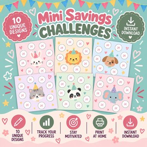Pode incluir: Um conjunto digital de 10 Mini Savings Challenges com seis cartões quadrados com ilustrações de animais, incluindo um coelho, leão, cão, gato, panda e elefante. Cada cartão tem círculos marcados com 2€ para registar poupanças, decorados com corações.