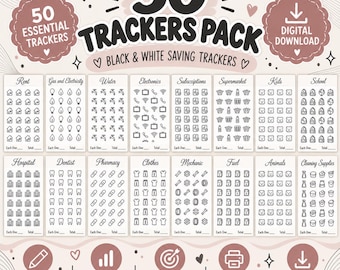 May include: A 50 trackers pack digital download featuring black and white saving trackers. The collection includes various categories like rent, utilities, and shopping, each with icons to track progress, labeled with text and spaces for totals.