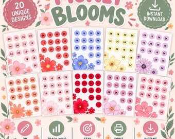 May include: A digital collection of Money Blooms savings tracker sheets featuring floral designs and circular icons labeled with 1€, 2€, and 3€ values. The layout includes 20 unique designs, progress tracking icons, and text indicating instant download capability.