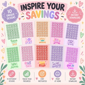 Pode incluir: Dez cartões digitais de rastreamento de poupança em cores pastel com frases motivacionais como Positive Vibes Only, I Am Strong e You Are Enough. Cada cartão inclui uma grade de quadrados com o símbolo 2€ para acompanhar o progresso.