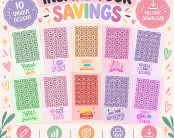 May include: Ten digital savings tracker cards featuring pastel colors and motivational phrases like Positive Vibes Only, I Am Strong, and You Are Enough. Each card includes a grid of squares with the 2€ symbol for tracking financial progress.