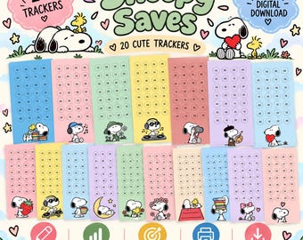 May include: A digital download set of 20 Snoopy Saves trackers featuring colorful rectangular cards with circular money icons. Each card displays Snoopy in various activities, including reading, listening to music, and gardening, with text labels like 20 Trackers and Digital Download.