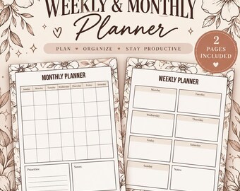 May include: A weekly and monthly planner set featuring two pages with floral borders. The text reads Weekly & Monthly Planner, Plan Organize Stay Productive, 2 Pages Included, Monthly Planner, and Weekly Planner with daily sections.