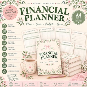 Pode incluir: Um planejador financeiro digital em tamanho A4 com motivos florais, uma caneca e uma caneta. Inclui rastreadores de orçamento, poupança, dívidas e metas. O texto inclui "FINANCIAL PLANNER," "Plan, Save, Budget, Grow" e "INSTANT DOWNLOAD."
