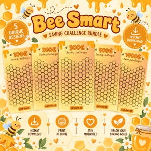 Könnte beinhalten: Ein Bee Smart Spar-Challenge-Set mit fünf vertikalen Karten mit Wabenmustern zur Verfolgung von Ersparnissen von 100, 200, 300, 500 und 1000 Euro, verziert mit Cartoon-Bienen, Blumen und verschiedenen Texten.