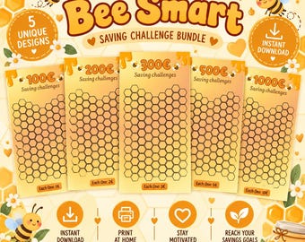 May include: A Bee Smart saving challenge bundle featuring five vertical cards with honeycomb grids for tracking savings of 100, 200, 300, 500, and 1000 euros. The design includes yellow and orange tones, cartoon bees, flowers, and text.