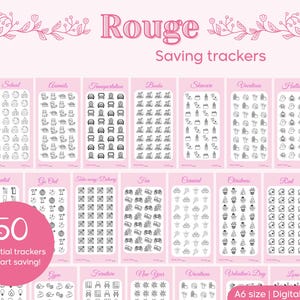 Pode incluir: Rastreadores de poupança digitais cor-de-rosa com vários temas como escola, animais e transportes. A palavra "Rouge" está no topo, com "Saving trackers" por baixo. Inclui 50 rastreadores essenciais.