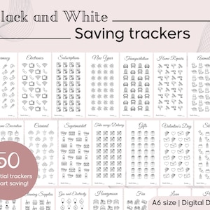 Pode incluir: Rastreadores de poupança a preto e branco com vários ícones temáticos, incluindo eletrónica e presentes. A imagem inclui o texto "50 rastreadores essenciais para começar a poupar!" e "A6 size | Digital Download."
