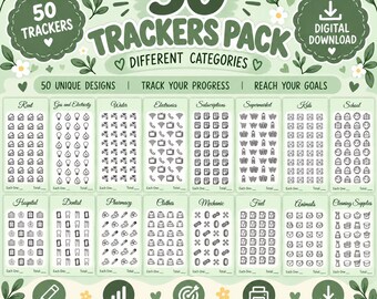 May include: A digital download pack featuring 50 trackers with different categories in a light green theme. The sheet includes icons for rent, utilities, water, electronics, subscriptions, supermarket, kids, school, hospital, dentist, pharmacy, clothes, mechanic, fuel, animals, and cleaning supplies.
